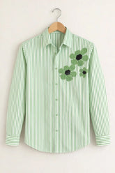 Men’s Green Stripe Floral Embroidered Printed Shirt