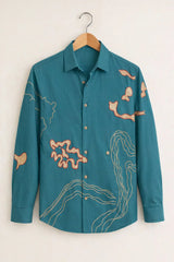 Men’s Abstract Embroidered Printed Teal Premium Shirt
