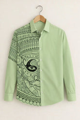 Men’s Artistic Tribal Face Print Green Shirt