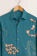 Men’s Abstract Embroidered Printed Teal Premium Shirt