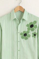 Men’s Green Stripe Floral Embroidered Printed Shirt