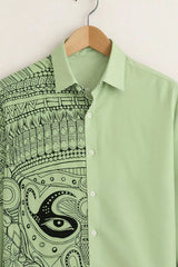 Men’s Artistic Tribal Face Print Green Shirt