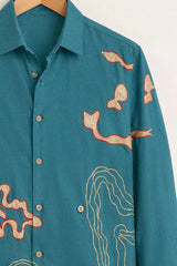 Men’s Abstract Embroidered Printed Teal Premium Shirt