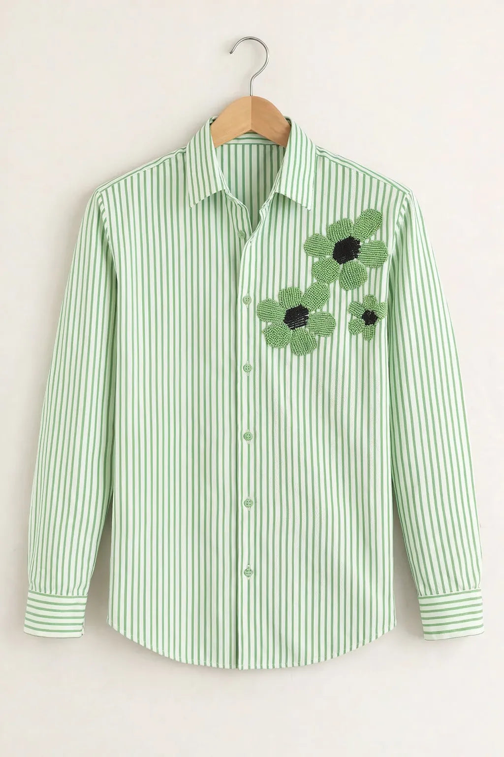 Men’s Green Stripe Floral Embroidered Printed Shirt