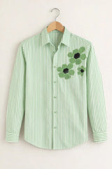 Men’s Green Stripe Floral Embroidered Printed Shirt
