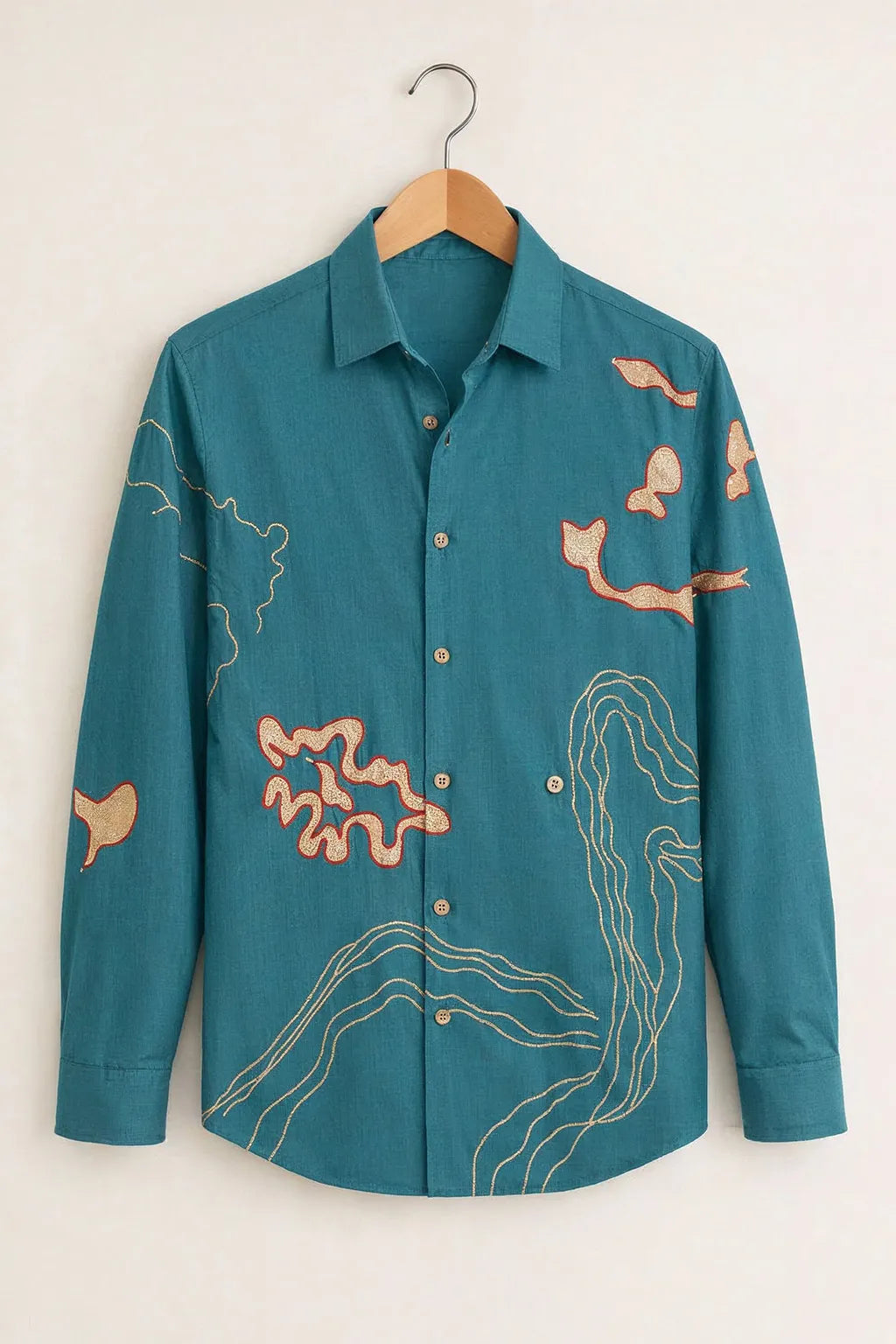 Men’s Abstract Embroidered Printed Teal Premium Shirt