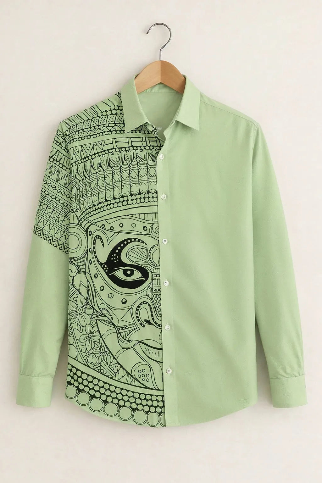 Men’s Artistic Tribal Face Print Green Shirt