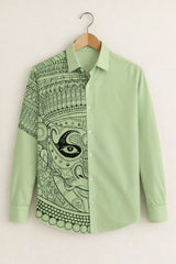 Men’s Artistic Tribal Face Print Green Shirt