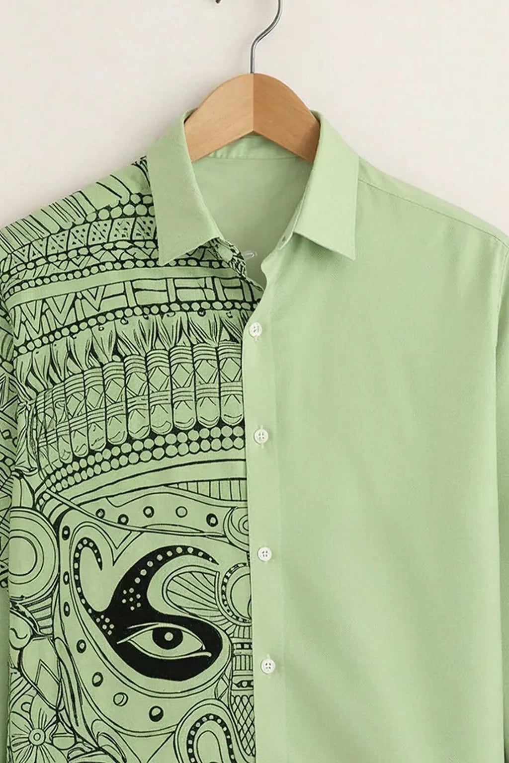 Men’s Artistic Tribal Face Print Green Shirt