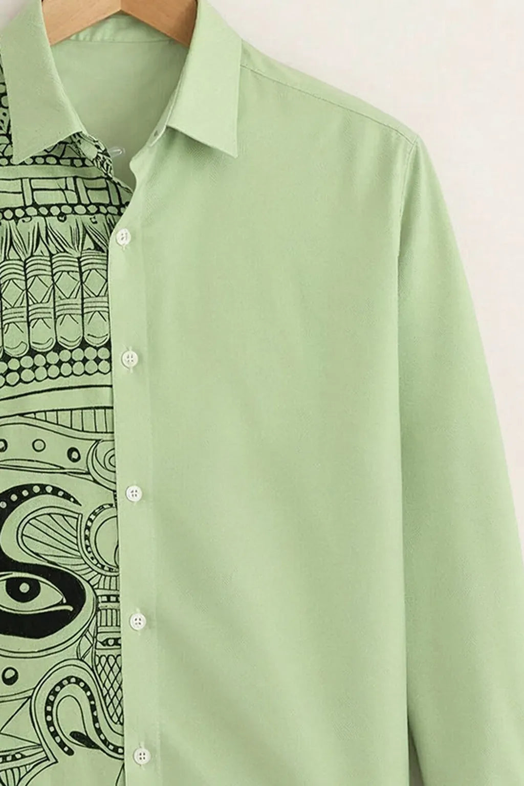 Men’s Artistic Tribal Face Print Green Shirt