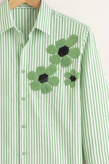 Men’s Green Stripe Floral Embroidered Printed Shirt