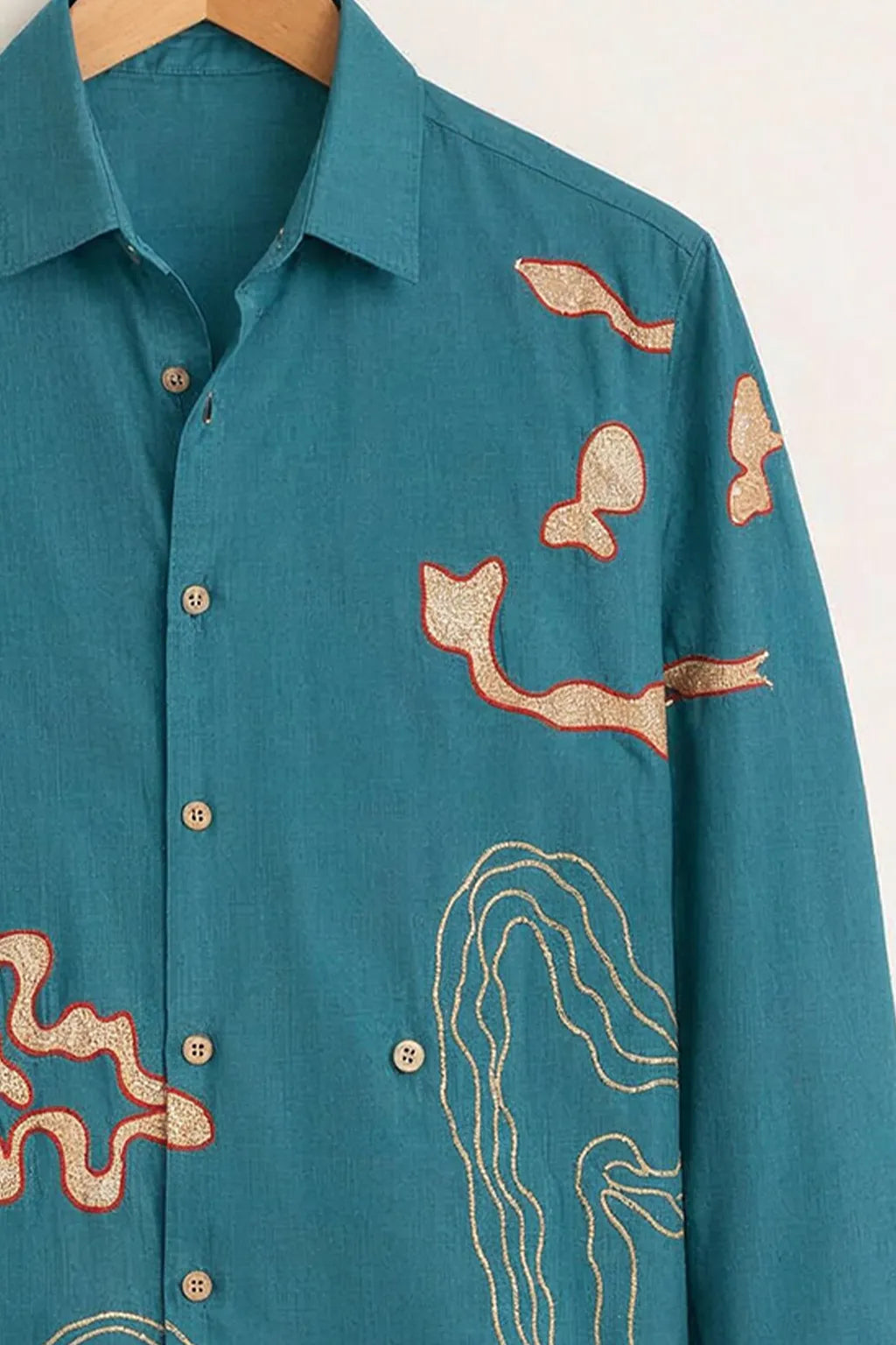 Men’s Abstract Embroidered Printed Teal Premium Shirt